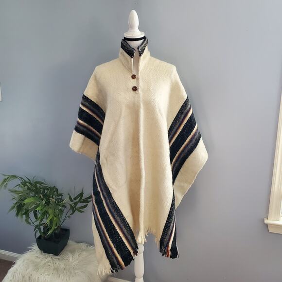 100% Alpaca Wool Cream Gray Collared Three Striped Poncho Unisex - Picture 1 of 9